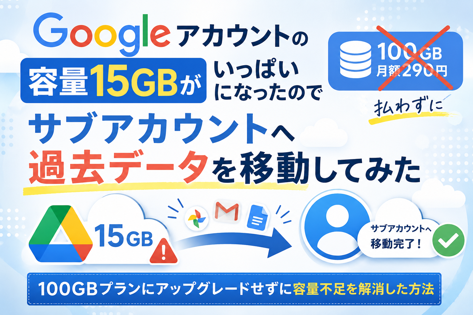 Googleアカウントの容量15GBがいっぱいになったのでサブアカウントへ過去データを移動してみた｜100GB月額290円を払わずに容量不足を解消した方法